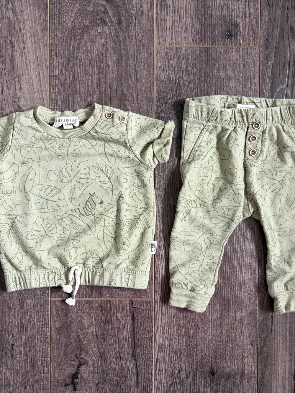 Rabbit + Bear Green Safari Print Baby Sweatshirt & Jogger Set